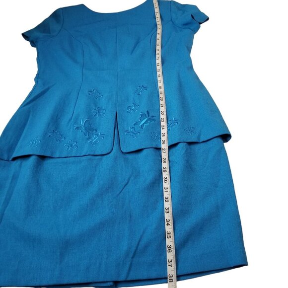 Virgo Vintage Womens Dress L Blue Embroidered Knee Length Slimming Short Sleeve - Picture 5 of 15